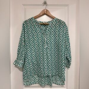 St. John's Bay Teal Chevron Blouse Women’s Petite Large 100% Cotton
